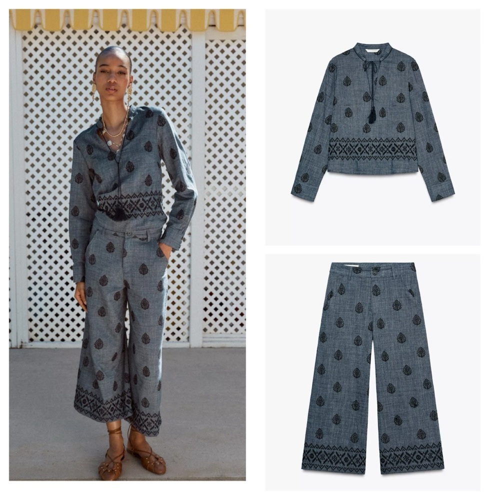 Zara Two Piece Pom Pom Embroidered Top And Culottes